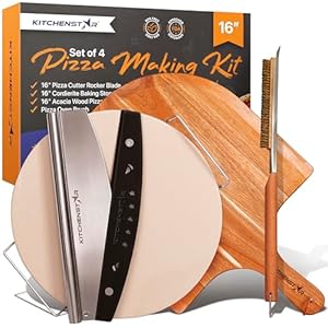 16″ Pizza Making Kit (Set of 4) – Cordierite Pizza Stone with SS Rack, Acacia Wood Pizza Peel, Stainless Steel Pizza Cutter Rocker w Protective Cover, Oven Metal Brush w Scraper