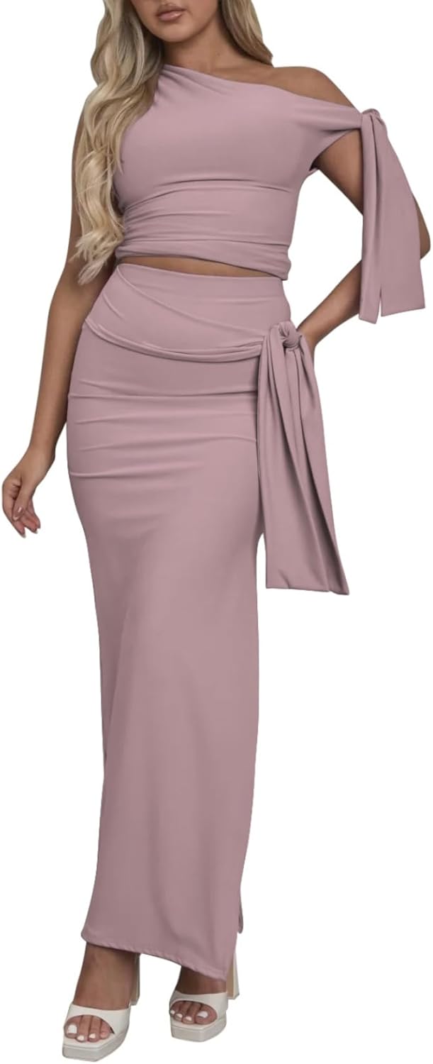 Two Piece Skirt Set for Women - Sexy 2 Pc Outfits Sleeveless One Shoulder Crop Top Maxi Long Bodycon Skirts Sets