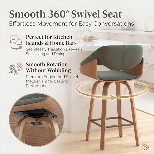 Image of HNY 26'' Modern Barrel Swivel Counter Stools Counter Height Swivel Bar Stools with Backs Set of 6, Green Linen Bar Height stools, Square Footrest, Farmhouse Solid Wood Barstools for Kitchen Island