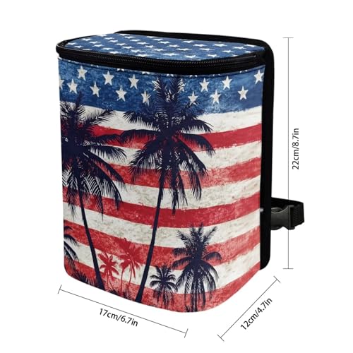 Image of Talayituse American Flag Palm Tree Print Car Trash Can Portable Auto Garbage Bin Multifunctional Vehicle Interior Accessories with Adjustable Straps 4th of July Decor Universal Fit Truck SUV Sedan
