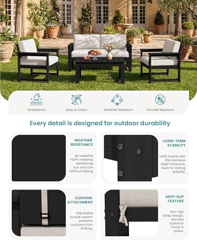 Image of SERWALL 2 Pieces Single Cushioned Sofa Armchair, Black HDPE Adirondack Outdoor Sofa Lounge with Khaki Cushion
