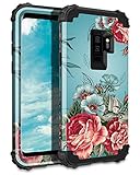 Lontect Compatible Galaxy S9 Plus Case Floral 3 in 1 Heavy Duty Hybrid Sturdy Armor High Impact Shockproof Protective Cover Case for Samsung Galaxy S9 Plus - Teal/Red Flower