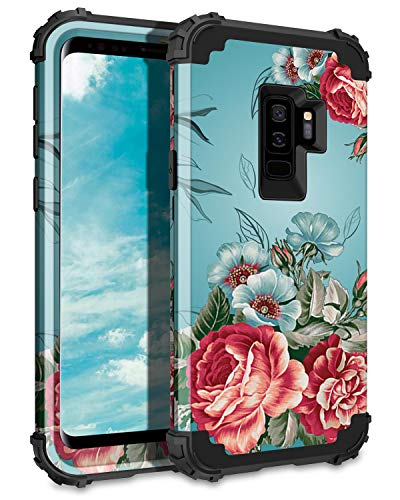 LONTECT Compatible Galaxy S9 Plus Case Floral 3 in 1 Heavy Duty Hybrid Sturdy High Impact Shockproof Protective Cover Case for Samsung Galaxy S9 Plus - Teal/Red Flower