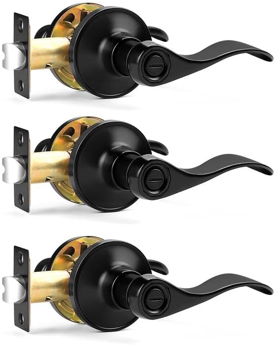Matte black wave-style privacy door levers (3-pack)