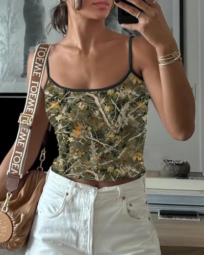 Women Y2k Spaghetti Strap Camo Tank Vest Backless Sleeveless Leaf Print Crop Cami Shirts Going Out Workout Tops3