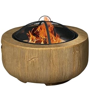 Outsunny Feuerschale, Feuerstelle mit Deckel, Feuerkorb mit Schürhaken, im Baumstumpf-Design, für Garten, Camping, Terrasse, Stahl, MgO, Braun