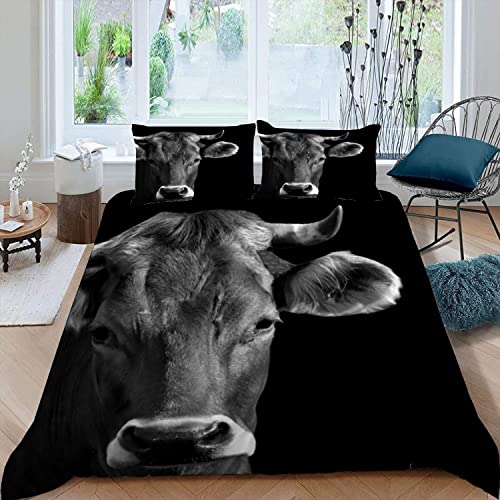 MOUPL Parure de Lit en Microfibre 200x200 cm Enfant Garçon Fille 2 Personnes avec Fermeture Éclair 3D Motif Animal Noir Vache Sets de Housse de Couette 3 Pièces avec 2 Taies d'oreiller 65x65 Cover