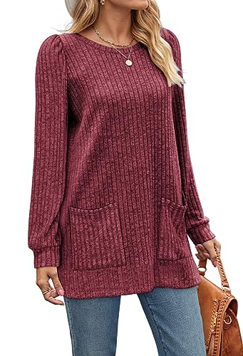 Image of OFEEFAN Long Sleeve Shirts for Women Long Sweaters with Pockets Tunic Tops Loose Fit