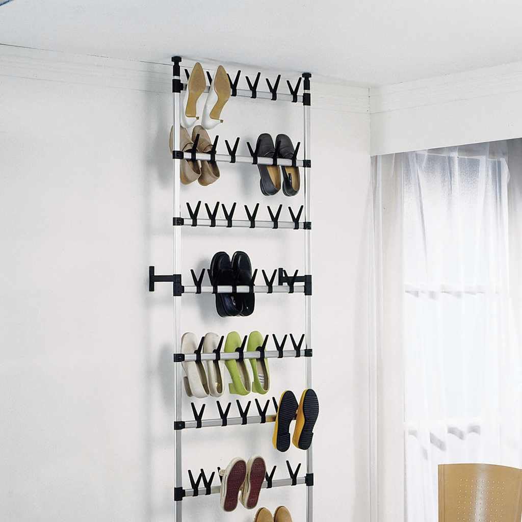 Teleskop-Schuhregal – Platzsparender Schuhständer aus Aluminium, höhenverstellbar 250-300 cm, für bis zu 54 Paar Schuhe, Stabiler Schuh-Organizer für Flur und Ankleide, Silber Schwarz