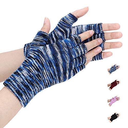 指なし手袋 - Asahi Jiてぶくろ グローブ ニットグローブ ニット スマホ手袋 スマホ対応 防寒手袋 ニット手袋 指切り 半指 ハンドウォーマー 防寒 暖かい フリーサイズ 通勤 通学 冬用 防寒対策 男女兼用 (ブルー)