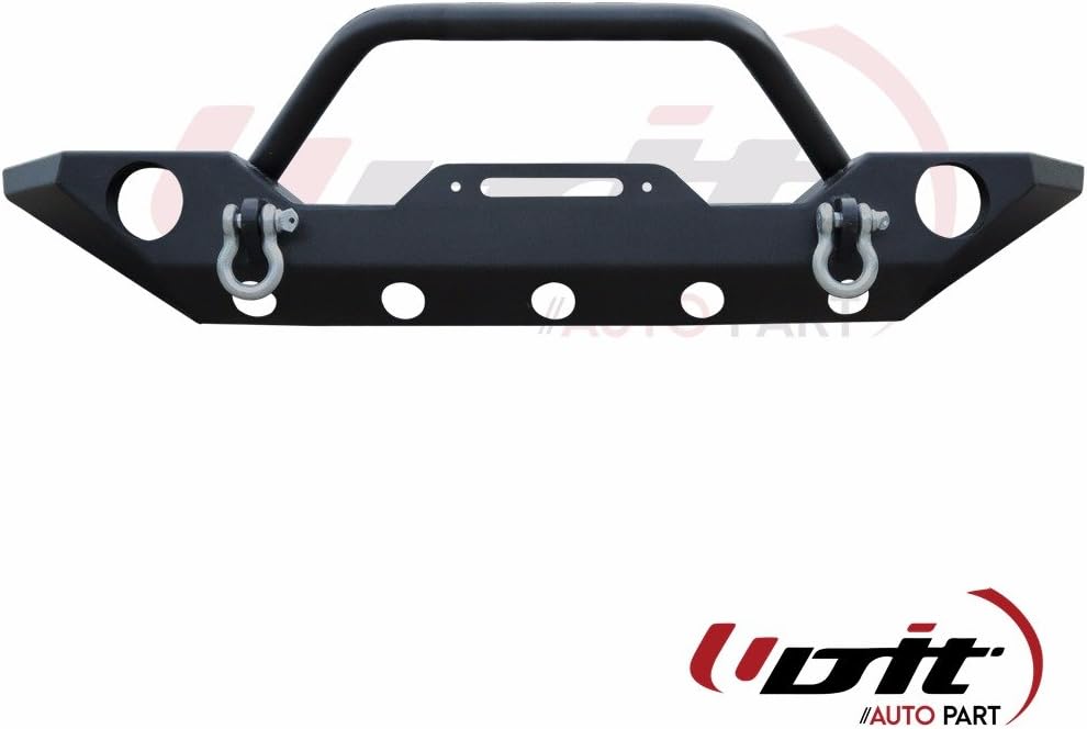 UDIT Black Textured Rock Crawler Front Bumper W/Fog Light Housing With 2x D-Ring & Winch Plate Compatible for 07-19 Jeep Wrangler JK