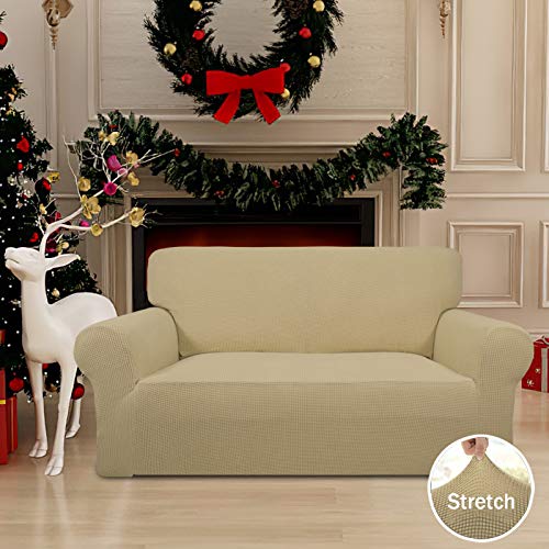 Image of Easy-Going Stretch Loveseat Slipcover 1-Piece Sofa Cover Furniture Protector Couch Soft with Elastic Bottom for Kids Polyester Spandex Jacquard Fabric Small Checks (Loveseat, Beige)