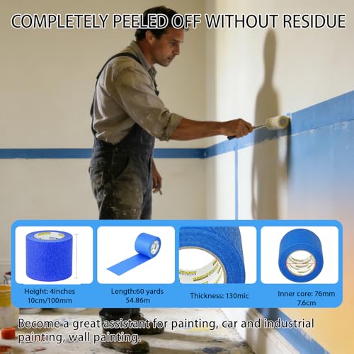 Image of Blue Painters Tape 1rolls,4Inch x 60Yards,Blue Masking Tape,Paint Tape for Wall Painting,DIY Crafts Arts,Painter's,Decoration Labeling,No Residue, Easy Removal
