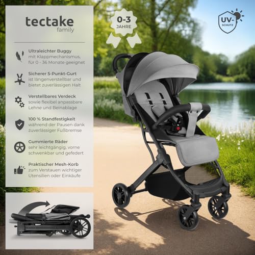 tectake® Buggy Kinderwagen von 0 bis 3 Jahre, Wagen für Baby Erstausstattung Neugeborene und Kinderbuggy mit Sonnenverdeck, einhändig faltbarer Reisebuggy, Reisekinderwagen, Baby Wagen - grau