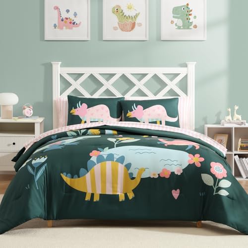 Image of AMBERSPACE Queen Comforter Set for Girls Dinosaur 7 Pieces Bed in a Bag