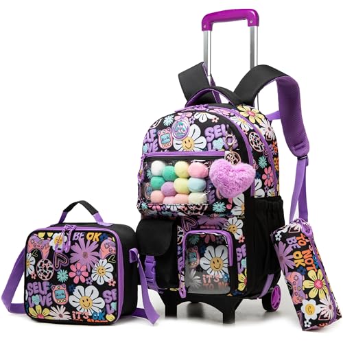 Mochila Escolar Niña HTgroce con Ruedas y Estuche para Lápices y Bolsa para Almuerzo