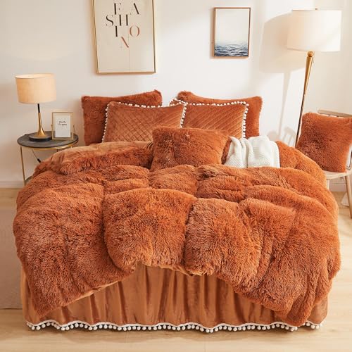 Image of LIFEREVO Terracotta Plush Shaggy Duvet Cover Set, Soft Velvet Fluffy Comforter Quilt Cover Bedding Set(1 Faux Fur Fuzzy Duvet Cover + 2 Pompoms Pillow Cases), Zipper Closure(King, Burnt Orange)