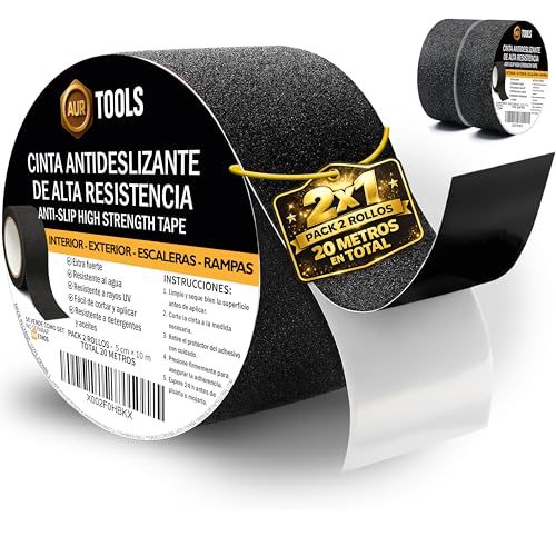 AURTOOLS Cinta antideslizante escaleras – 20 metros - Pack 2 rollos 5 cm x 10 m, adhesivo fuerte e impermeable, alta tracción; interior/exterior, recortable; ideal para escalones, rampas y suelos