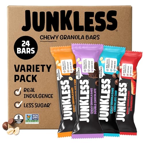 JUNKLESS Fan Favorites Chewy Granola Bars - Bulk Variety Pack, Gluten-Free, Non-GMO, Lower Sugar, Healthy Snacks for Kids & Adults, 4 Boxes (24 Bars)