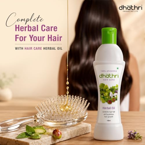 Image of Dhathri Hair Care Herbal Oil with Musk Root, Liquorice, Amla & Aloe Vera | Ayurvedic Hair Oil Promotes Healthy Hair Growth & Thickness | Nourishes & Strengthens Hair | for All Hair Types, 100ml