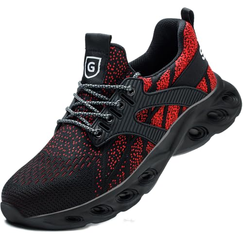 Calzado de Seguridad Hombre Ligeras Zapatos de Seguridad con Punta de Acero Anti-aplastamiento Zapatillas de Seguridad Antideslizante Transpirable Zapatillas Deporte Negro Rojo 43 EU