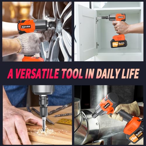 21V Brushless Cordless Impact Wrench Car Repair Wheel Nut Gun 420N.M High Torque Electric Impact Gun Power Wrench Electric Cordless Driver with 4 Sockets, 12 Driver Bits, Battery for Car Home, Orange - Image 7