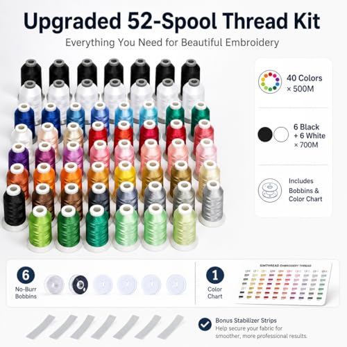 Image of Simthread 52pcs Polyester Embroidery Thread Kit 40 Colors Black White | 52-piece kit includes 40 colors plus black and white spools for smooth polyester embroidery and sewing machine projects.