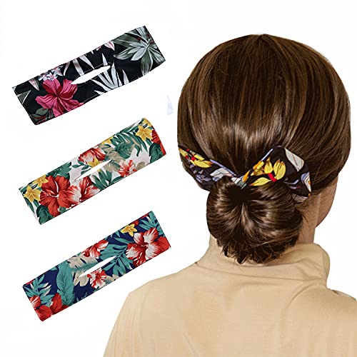 3 Pcs Deft Bun for Hair, Reusable French Twist Hair Bun Maker for Women, Fashion Classy Multi-color Floral Hair Bun Cloth Magic Clip, Leopard Hair Accessories for Styling Decorative (big flower)