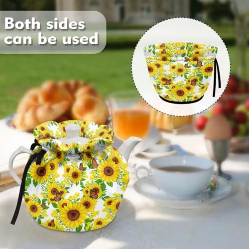 Image of Tea Cosy Butterfly Sunflower Print Teapot Dust Cover Tea Cozies Kitchen Home Decorative Insulated Tea Pots Cozy Kettle Warmer Cover with Drawstring