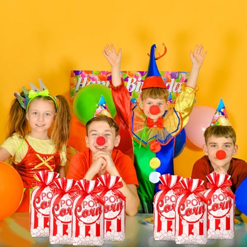 Image of 50 Pcs Popcorn Plastic Bags Circus Carnival Party Goodie Bags Bulk Movie Night Popcorn Container for Carnival Movie Night Theater Halloween Party Supplies (Red)