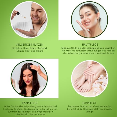 Kanzy Teebaumöl Naturrein 60ml mit Pipette Kaltgepresst Tea Tree Oil für Gesicht, Haut, und Nagel Anti Pickel, Haaröl, Akne Öl, Acne Serum gegen Unreine Haut, Öle für Diffuser