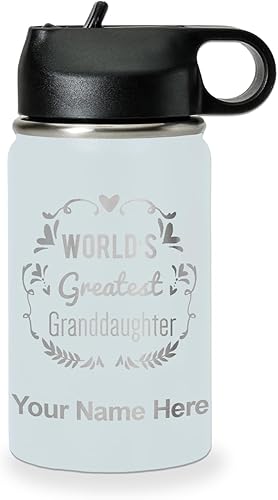 Miniatura 60 de LaserGram Botella de agua de doble pared con tapa abatible de 20 onzas con popote, la nieta más grande del mundo, grabado personalizado incluido