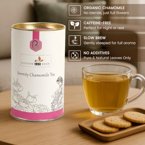 Image of Blossom & Brew Serenity Chamomile Tea - Premium Dried Chamomile Flowers for Tea - Naturally Caffeine-free Indian Floral Herbal Blend - Delicate Chamomile Tea for a Gentle Brew Hot or Iced (1.76oz)
