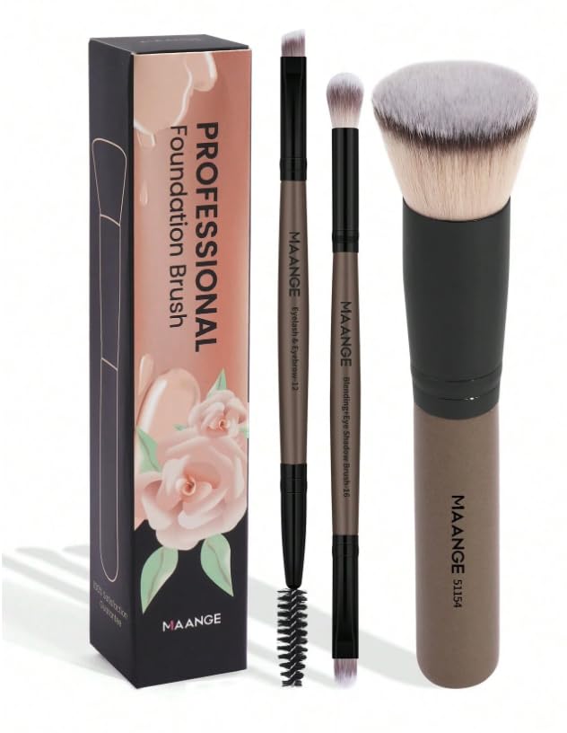 MAANGE Professional Makeup Brush Set - 3 Piece Foundation Brush Kit with Flat Head Kabuki Brush, Eyebrow Spoolie & Precision Brush - Premium Synthetic Fiber for Face & Eye Makeup Application (Brown)