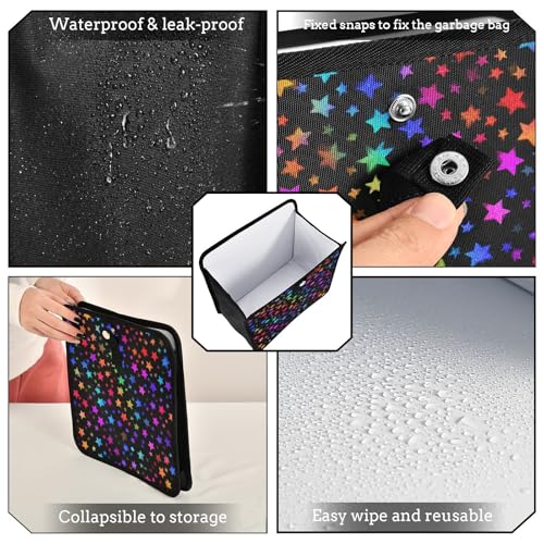 Image of Car Trash Can Organizer Bin with Adjustable Strap for Back Front Seat Console Waterproof Leakproof Collapsible Portable 11 Inch Vibrant Rainbow Stars