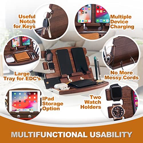 TESLYAR Gifts for Men Wood Phone Docking Station Natural Ash Phone Key Holder Wallet Stand Watch Organizer Men Husband Wife Anniversary Dad Birthday Nightstand Purse Father Graduation Male Gadgets