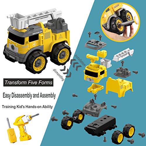 IFLOVE RC Engineering Toys Vehicle Take Apart Toys with Electric Drill Converts to Remote Control Car Toys Transformers Construction Mini Vehicles Excavator Mud Truck Removable Parts (Five-in-one)