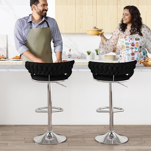 Image of Lamerge Velvet Bar Stools Set of 2,Swivel Bar Chairs Counter Adjustable Height Barstools with Back & Footrest,Upholstered Kitchen Island Chairs for Pub(2PCS Black)