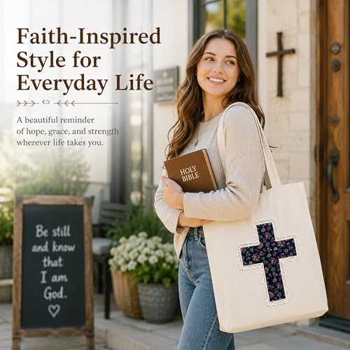 Image of Christian Tote Bag Gift for Women, Canvas Bible Bag Handmade Floral Cross | Christian faith-inspired gift, handcrafted cross with lace, inner pocket, snap closure, bottom gusset, church Bible study use