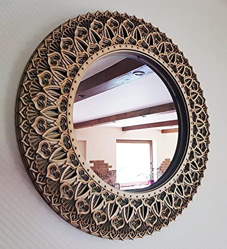 BHDecor Mirror Home Wall Decor  Multilayered Laser Cut Carved Frame Elegant Wooden Mandala Hanging MDF Panels for Decoration - Rustic Handmade Contemporary Artwork (Natural, 22.8in/58cm)