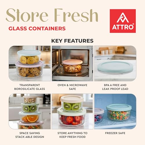 Image of ATTRO Glassox Borosilicate Store Fresh Striped Finish Round Containers with Lids-Microwave,Oven, fridge,dishwasher safe. Transparent-set of 4 (250ml, 470ml, 950ml, 1650ml) elegant-Mix Pastel Colors