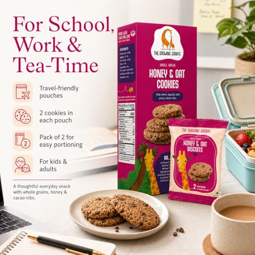 Image of The Growing Giraffe Whole Grain Honey & Oat Cookies Made Extra Special with Yummy Chocolate Chips Tasty, Healthy & Nutritious Cookies, Artificial Flavor & Color Free - 160 Grams (Pack of 2)