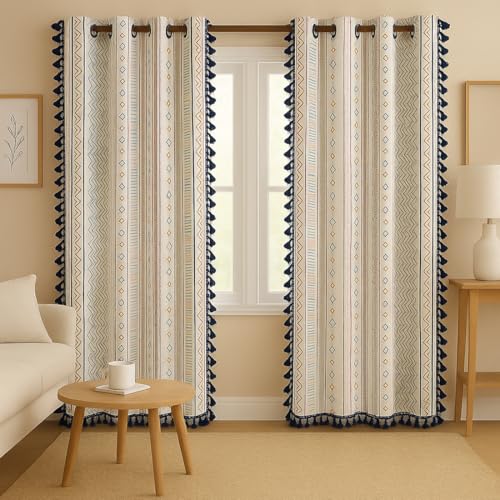 Image of Cortina Self Print Light-Filtering 100% Cotton Curtains 7 feet Long Set of 2 for Door [ Opacity: 50-60%, Color: White, 180 GSM ]