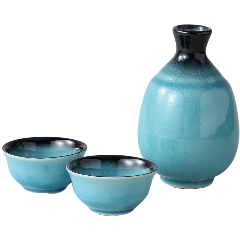 Mino Ware Sake Set Turkish Blue Tokkuri 2 Guinomi Cups 10oz Porcelain Japan