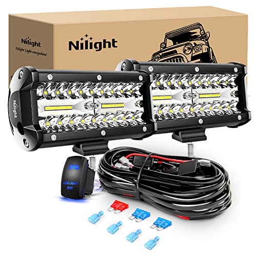 Nilight 6.5Inch 2PCS LED Light Bar 120W Combo Off Road Fog Lights Driving Roof Work Light with 5 Pin Rocker Switch 16AWG Wiring Harness Kit-2 Leads for Truck ATV UTV SUV Boat, 2 Years Warranty