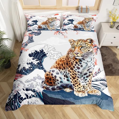 Housse de couette léopard et océan pour une chambre style japonais ukiyoe