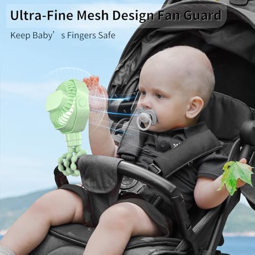 Portable Stroller Fan with Flexible Tripod, 3 Speeds Rechargeable Handheld Personal Fan, 360°Rotate Battery Operated Clip On Fan for Car Seat Crib Bike Treadmill Green