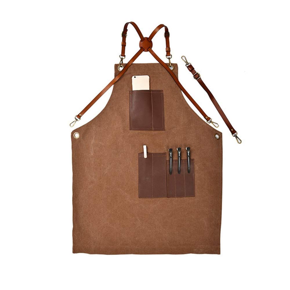Delantal de trabajo Delantal de herramientas de cuero de lona for café, Chef, barbacoa, monos, delantal con múltiples bolsillos for hombres y mujeres