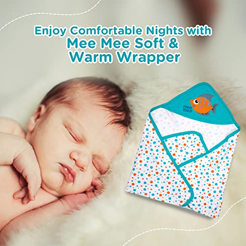 Image of Mee Mee 100% Soft Cotton Hooded Baby Wrapper Cum Warmer, Blanket with Hood for New Born Baby 0 to 6 Months (Blue)