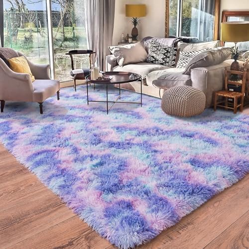 Rugs for Living Room 5x7, Soft Shaggy Modern Shag Area Rug for Bedroom, Upgrade Non-Slip Plush Fluffy Carpet for Kids Boys Girls Room Home Decor Aesthetic, Rainbow Purple